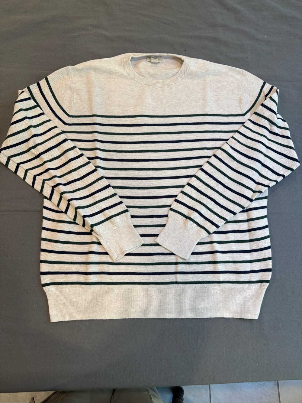 J.Crew Men's 100% Cotton Crew Neck Sweater | Cream with Green & Navy Stripes | L